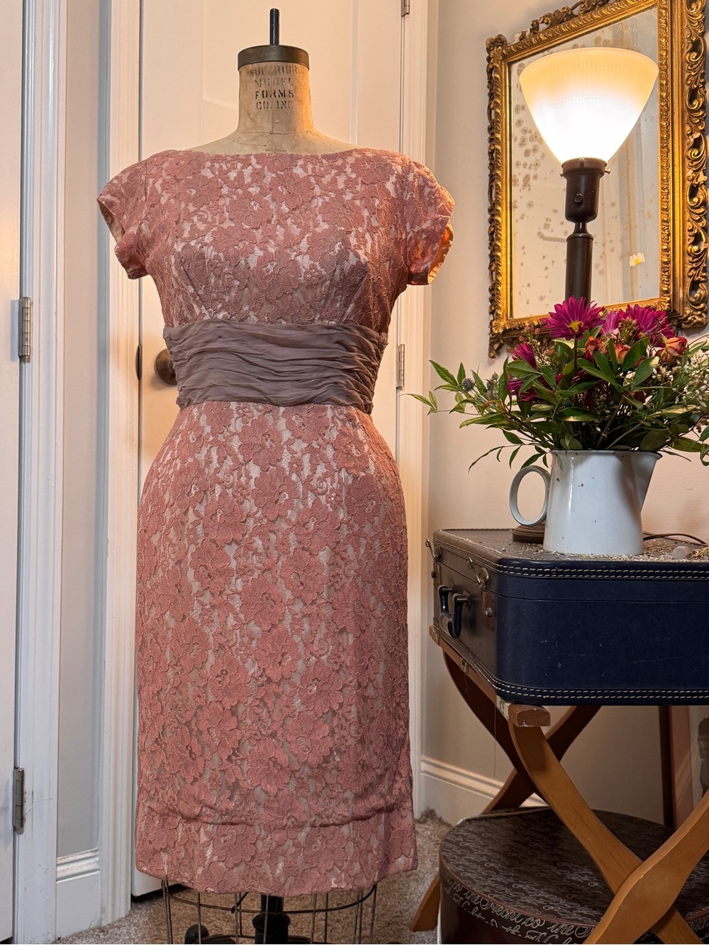 Vintage Blush Lace Sheath Dress with Taupe Ruched Waist